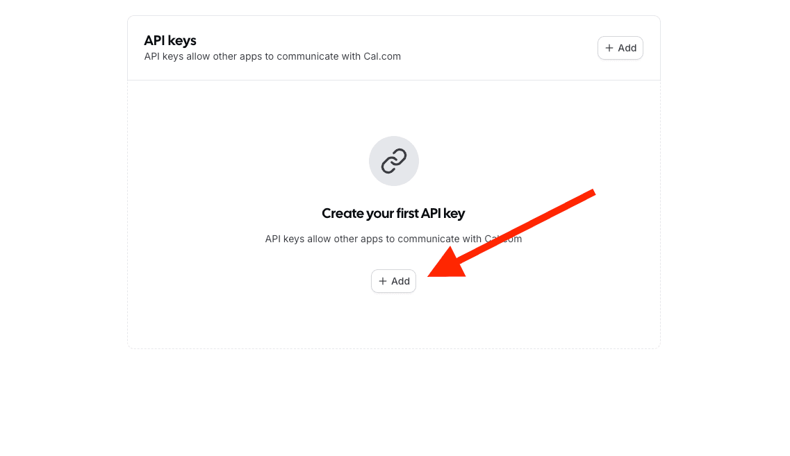 Cal.com API keys screen with the Add button highlighted