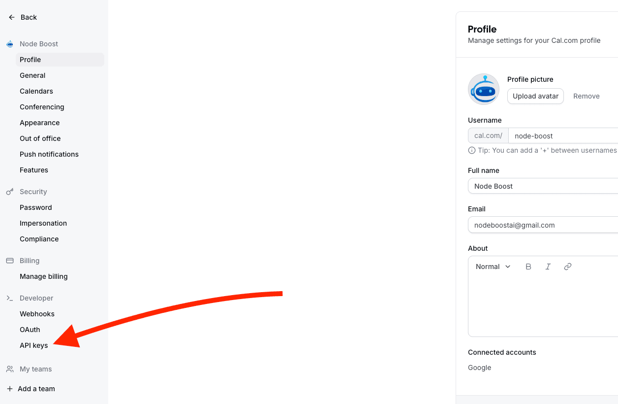 Cal.com settings sidebar with Developer and API keys highlighted