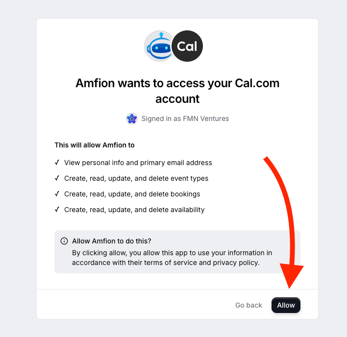Amfion authorization screen asking the user to allow access to the selected Cal.com account