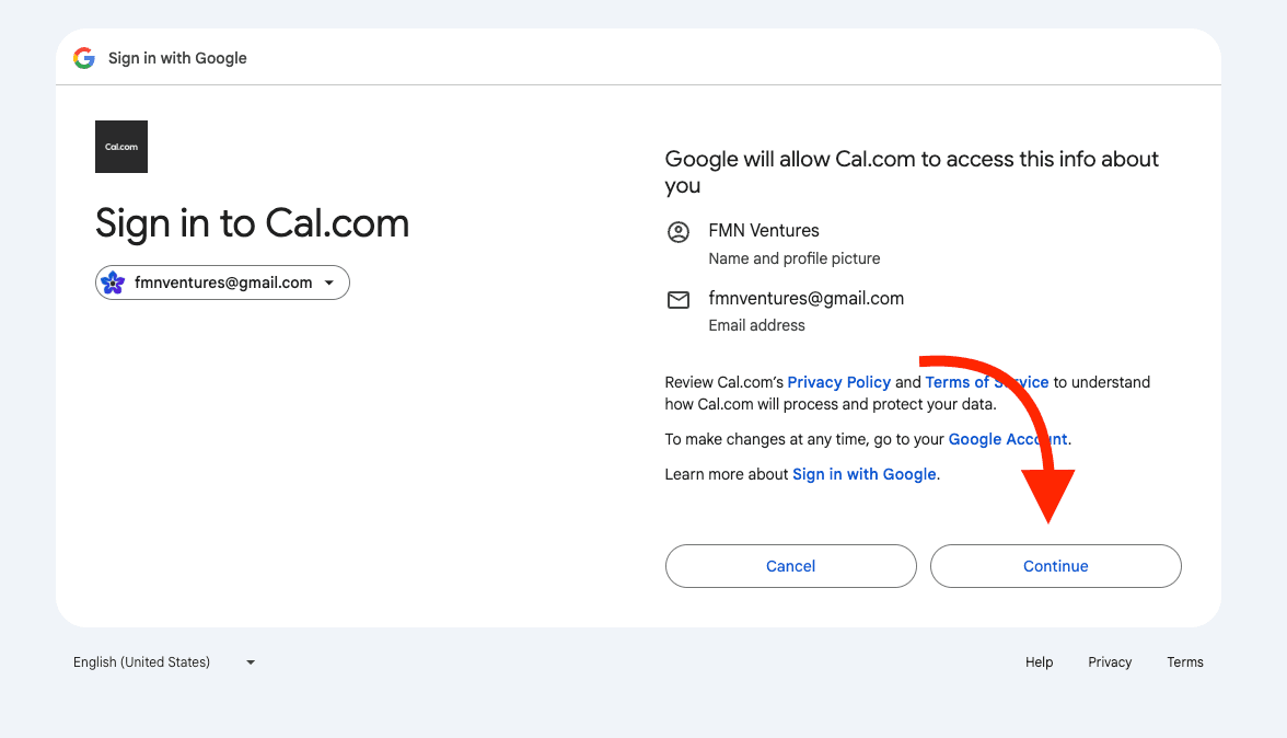 Cal.com sign-in screen prompting the user to continue with the selected Google account