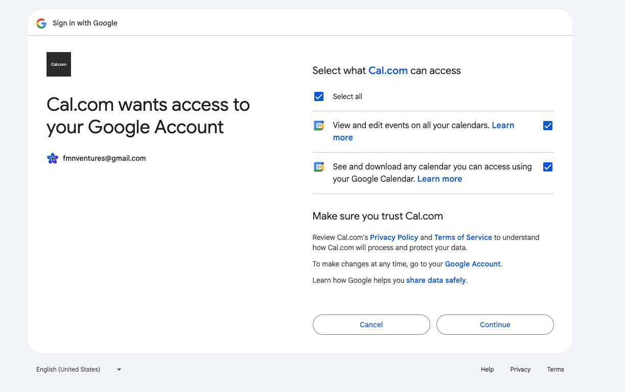 Google permissions screen showing both required calendar permissions selected for Cal.com