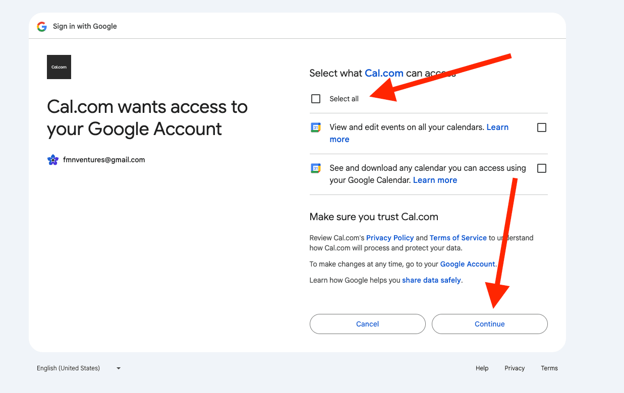Google permissions screen requesting calendar access for Cal.com